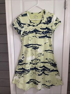 Vintage Weekend Traffic Sea Life Print A-Line Tee Dress in Lime & Navy S EUC